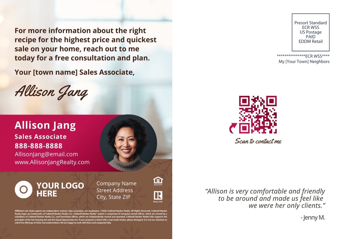 The reverse of the same postcard: the EDDM mailing panel, a scan-to-contact QR code and a customer quote