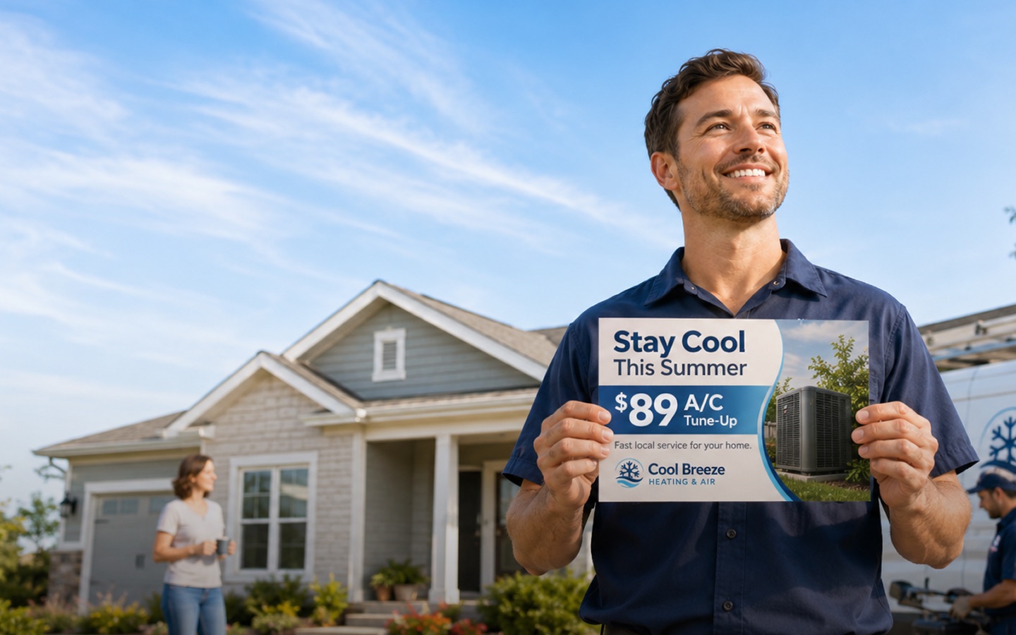 An HVAC technician holding a seasonal tune-up postcard outside a suburban home