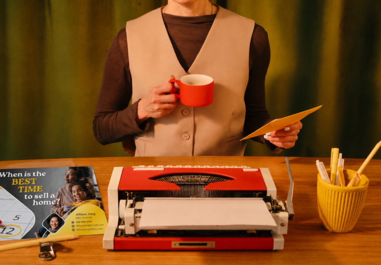 An L&B specialist reviewing a printed postcard