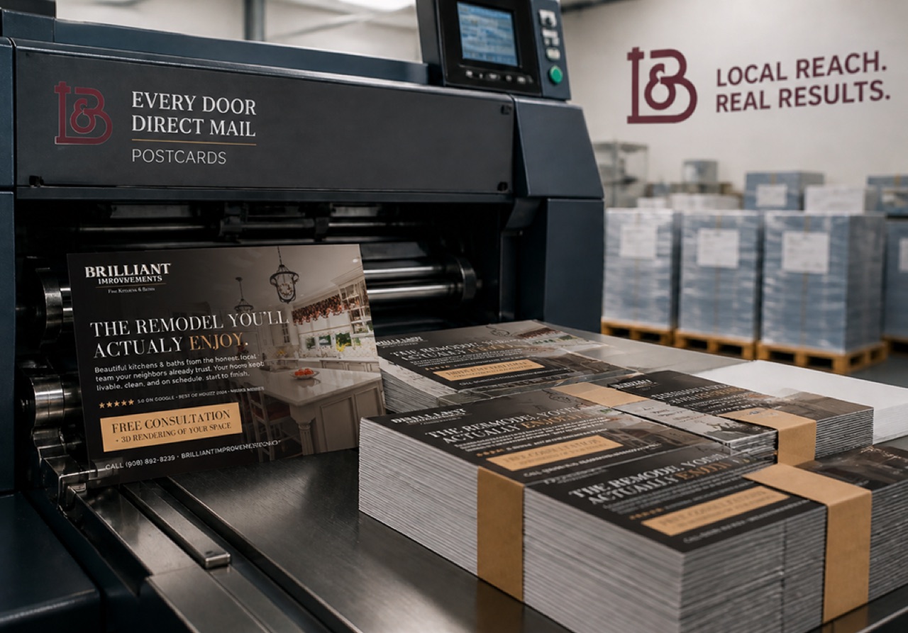 Stacks of printed EDDM postcards at the press