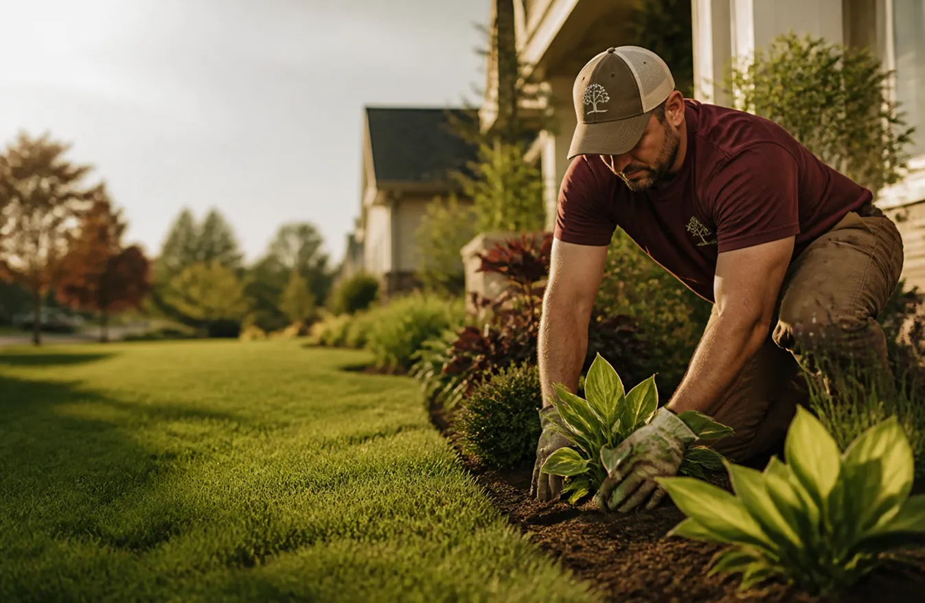 Landscaper shaping a lush suburban lawn